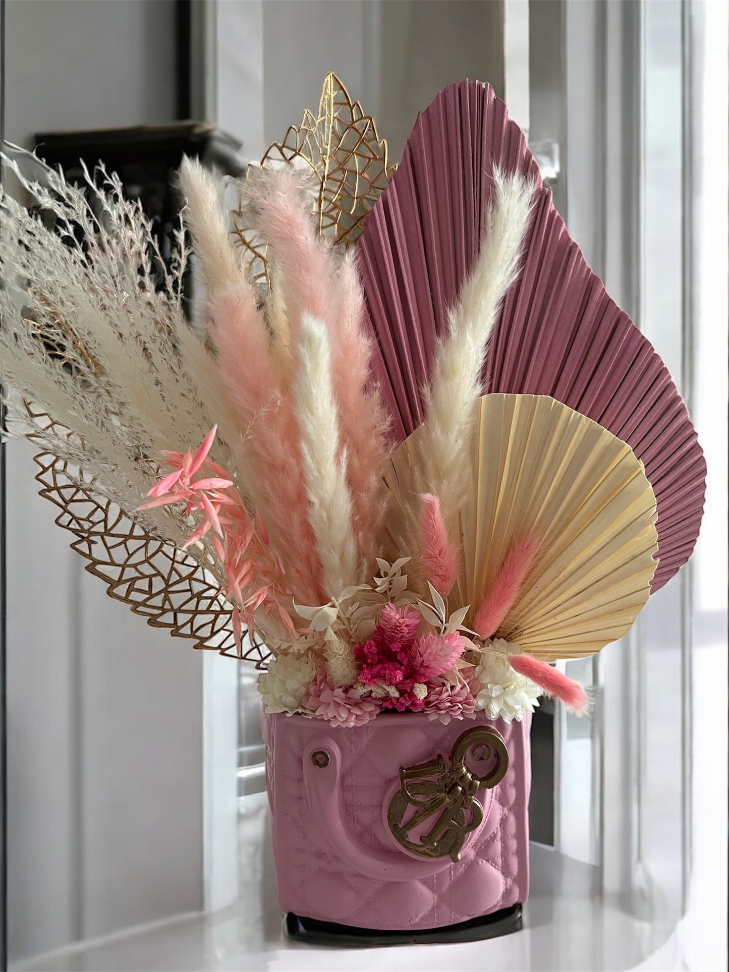 Designer inspired handbag vase with flowers