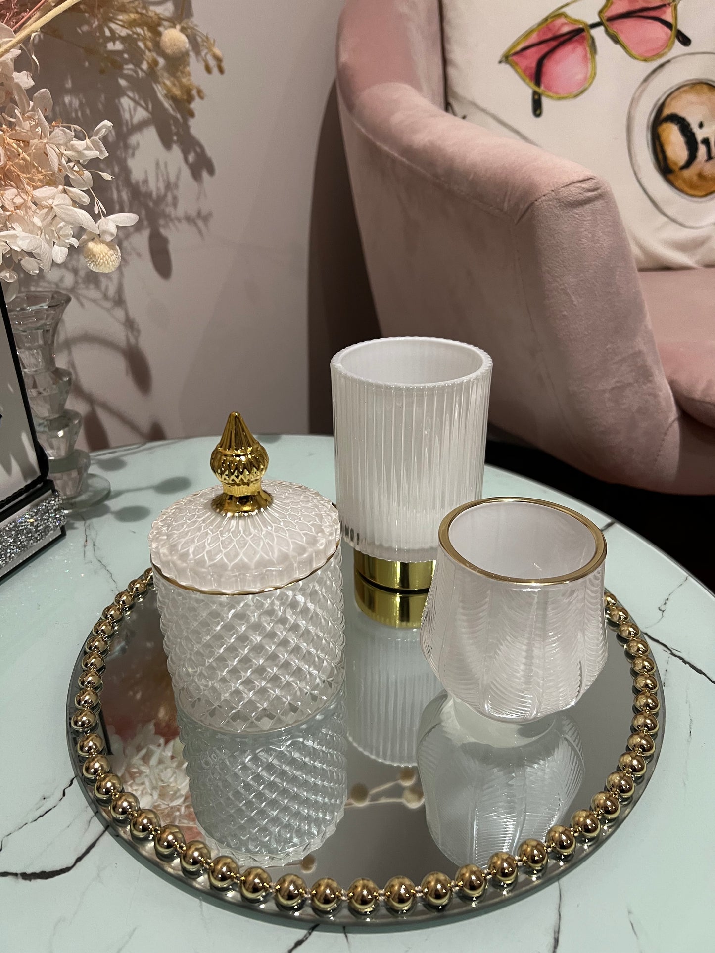 We XL Boujee White & Gold candle Set 4 Piece set includes mirror tray.