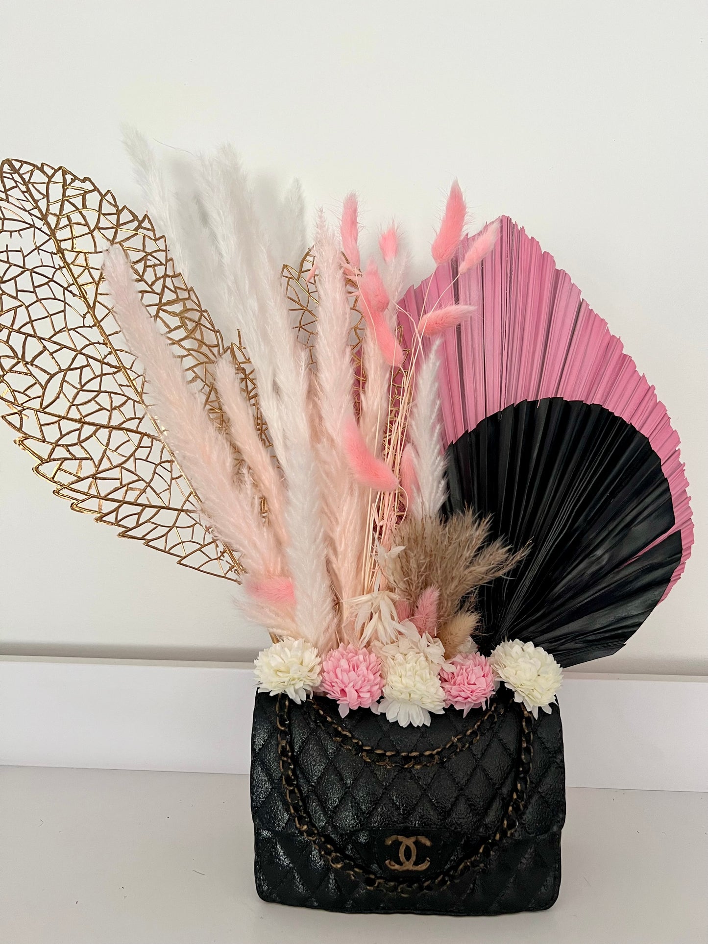 Designer inspired handbag vase with flowers