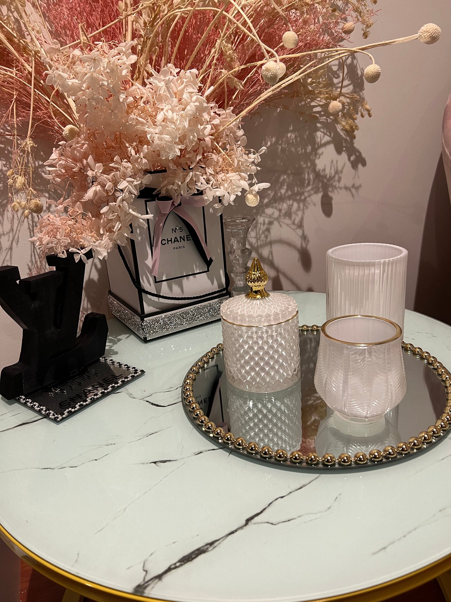 We XL Boujee White & Gold candle Set 4 Piece set includes mirror tray.