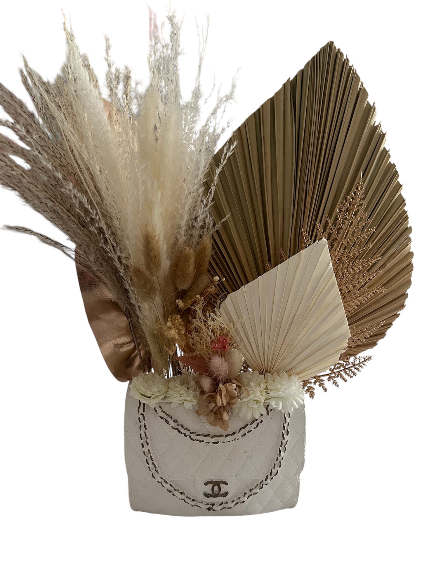 Designer inspired handbag vase with flowers