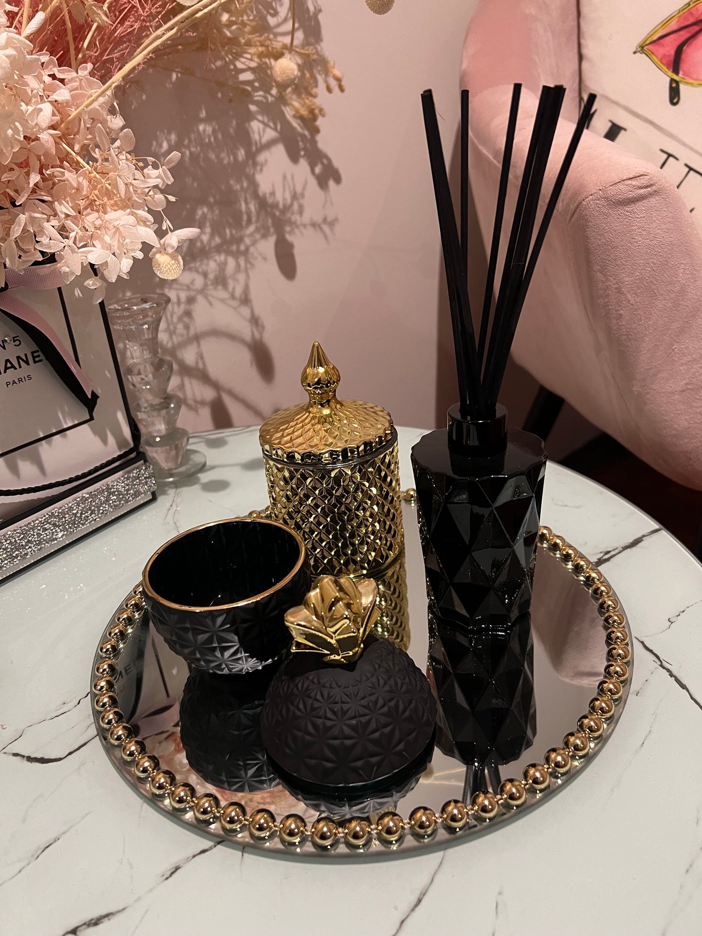 Too Boujee Black & Gold Pineapple Candles & Diffuser Set With Mirror Tray.