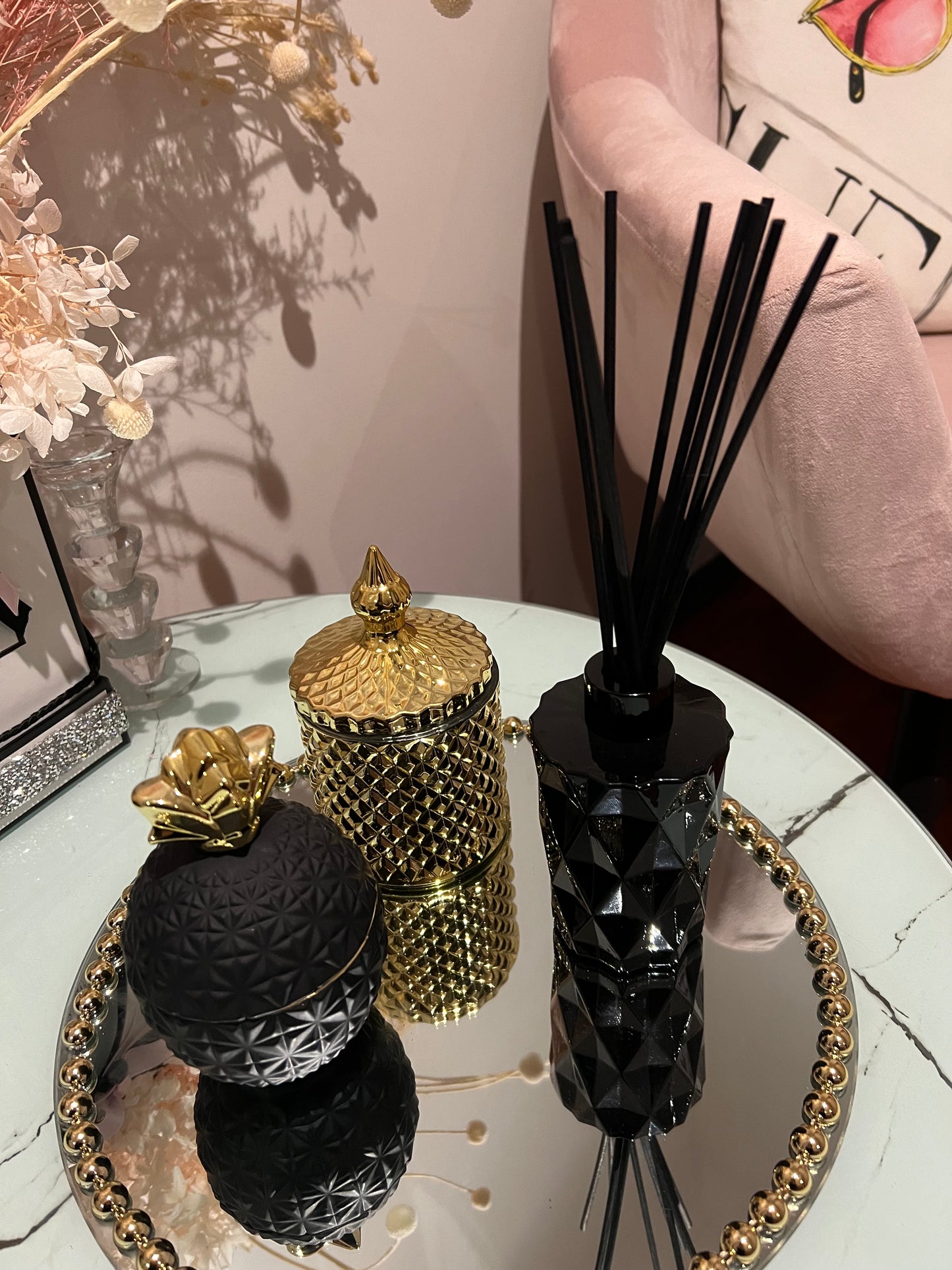 Too Boujee Black & Gold Pineapple Candles & Diffuser Set With Mirror Tray.