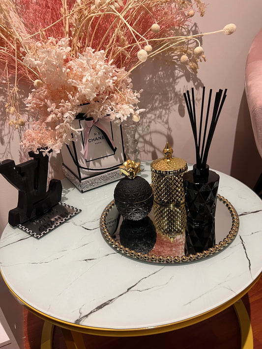 Too Boujee Black & Gold Pineapple Candles & Diffuser Set With Mirror Tray.