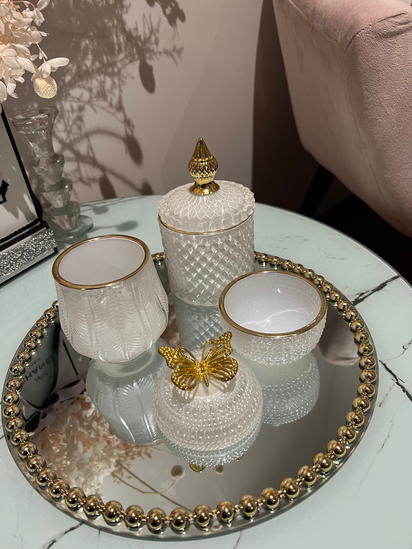 We Boujee White & Gold candle Set & Mirror Tray 4 Piece Set