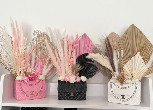 Designer inspired handbag vase with flowers