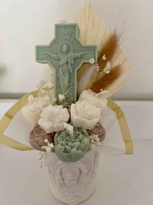 Religious gifts vase with candle bouquet