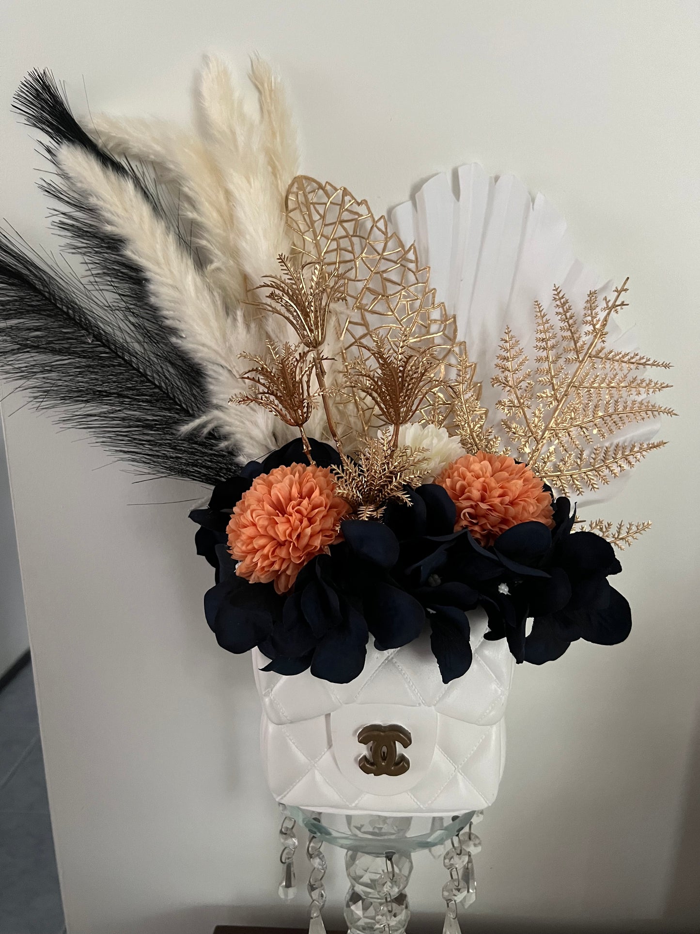 Designer inspired handbag vase with flowers