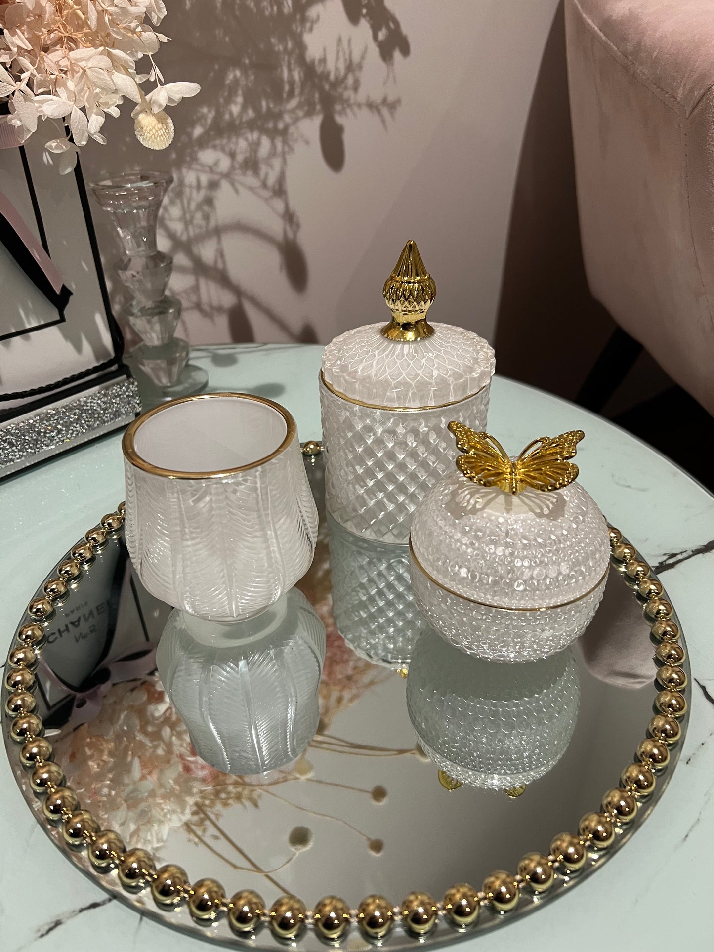 We Boujee White & Gold candle Set & Mirror Tray 4 Piece Set