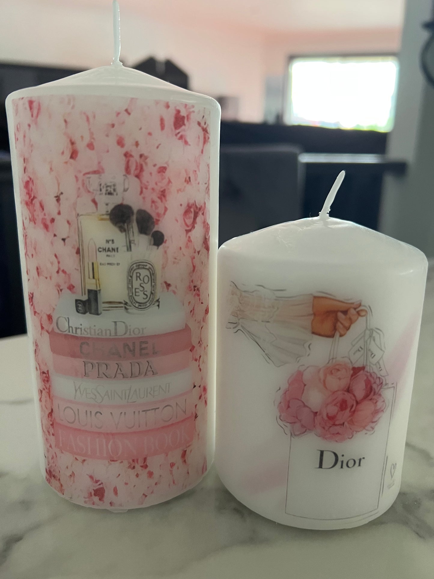 Designer inspired pink CD floral duo candle set