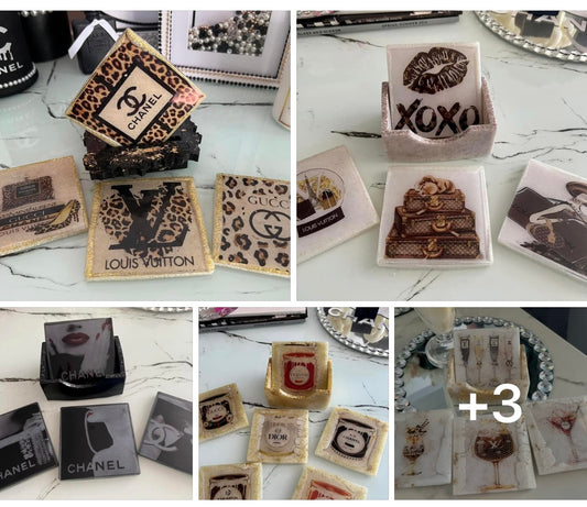 Designer inspired handmade resin coaster sets with stand