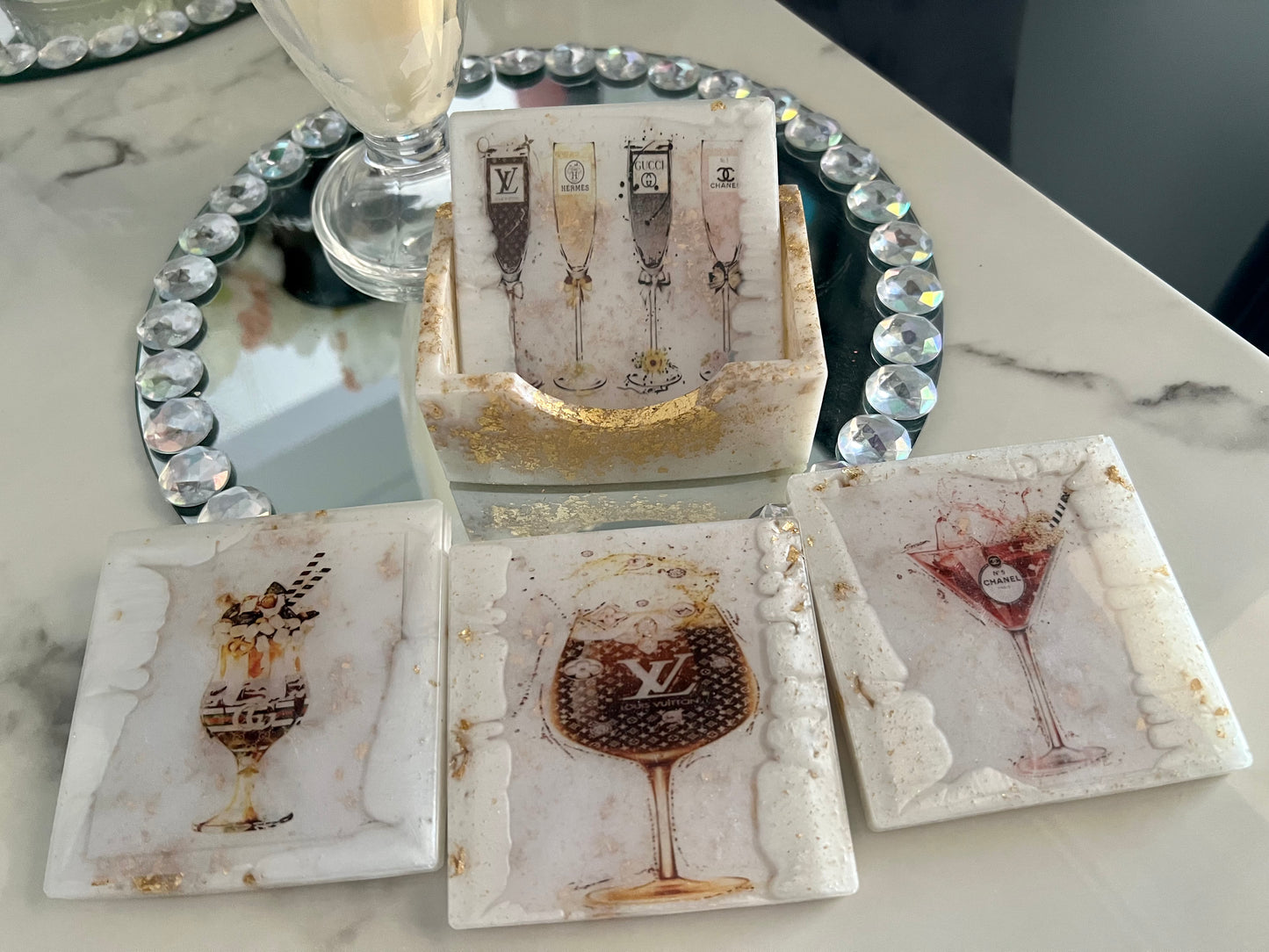 Designer inspired handmade resin coaster sets with stand