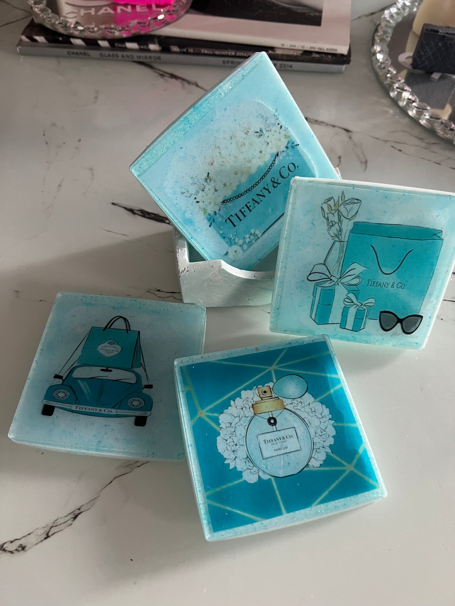 Designer inspired handmade resin coaster sets with stand