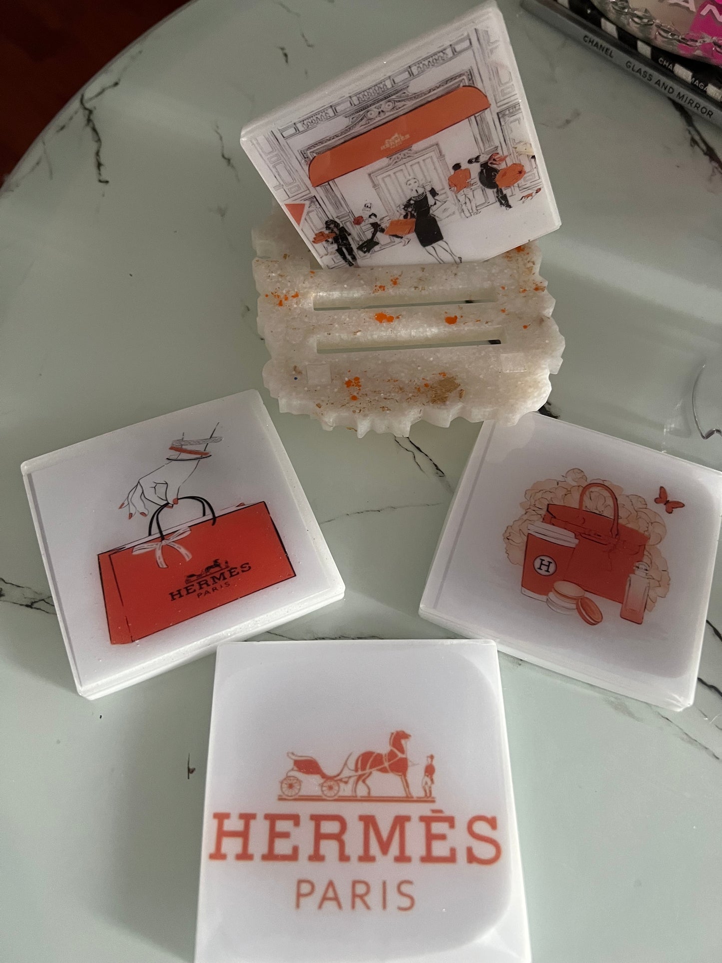 Designer inspired handmade resin coaster sets with stand