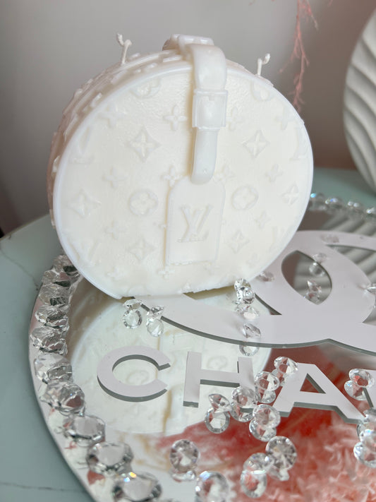 Designer inspired round bag candle