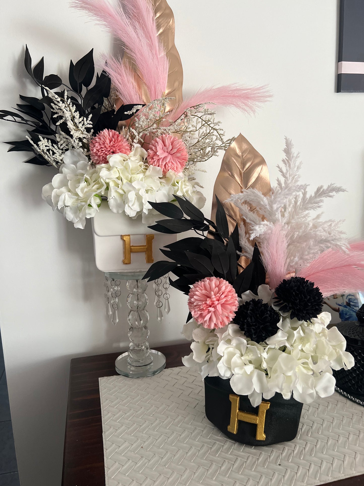 Designer inspired handbag vase with flowers