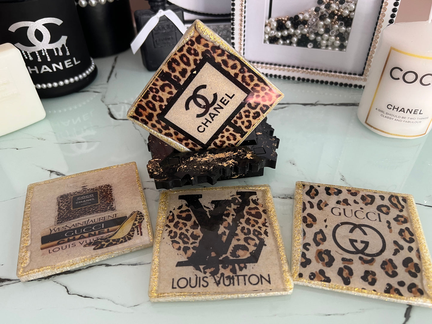 Designer inspired handmade resin coaster sets with stand